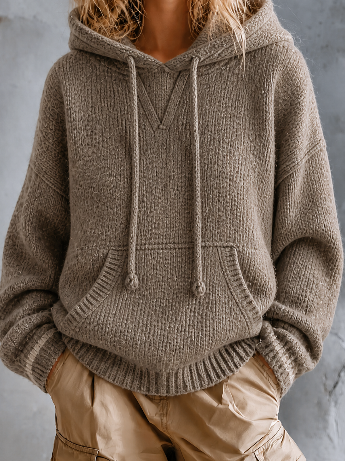 ElevenOra Chic Casual Taupe Drawstring Hooded Neck Dropped-Shoulder Long-Sleeve Kangaroo Pocket Loose-Fit Knit Sweater