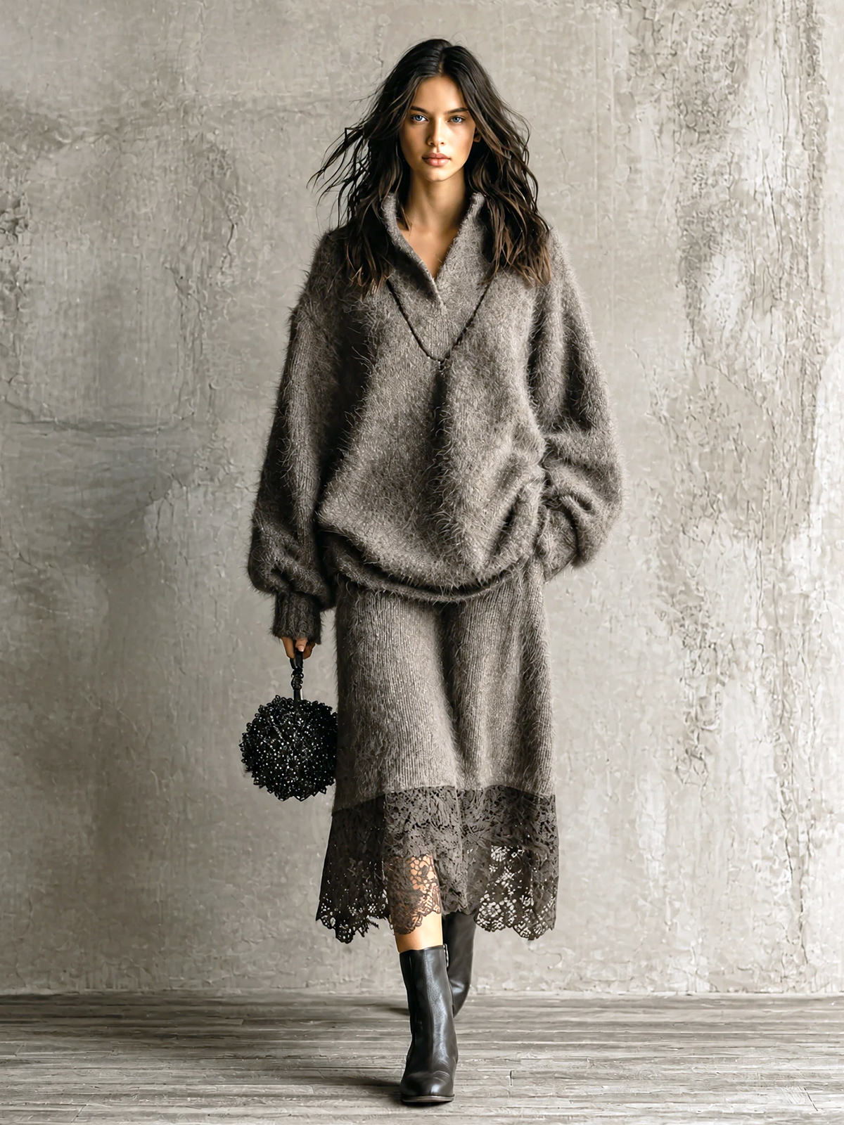 ElevenOra Chic Casual Taupe Stand Collar V‑Neck Long Sleeve Loose-Fit Sweater A-Line Lace Hem Midi Skirt Soft Fuzzy Knit Two-Piece Set