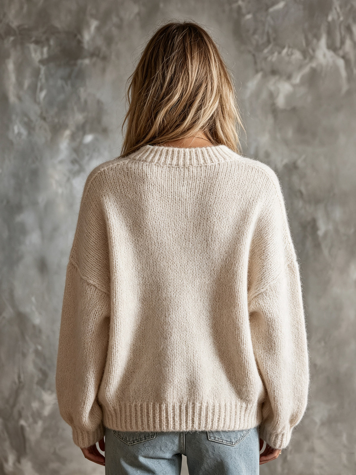 ElevenOra Chic Casual Beige V-Neck Dropped-Shoulder Long-Sleeve Cat Jacquard Loose-Fit Warm Wool Blend Knit Sweater