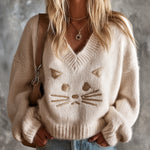 ElevenOra Chic Casual Beige V-Neck Dropped-Shoulder Long-Sleeve Cat Jacquard Loose-Fit Warm Wool Blend Knit Sweater