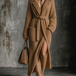 ElevenOra Chic Casual Camel Notched Lapel Collar Long-Sleeve Patch Pockets Belted Loose-Fit Ribbed Knit Maxi Cardigan