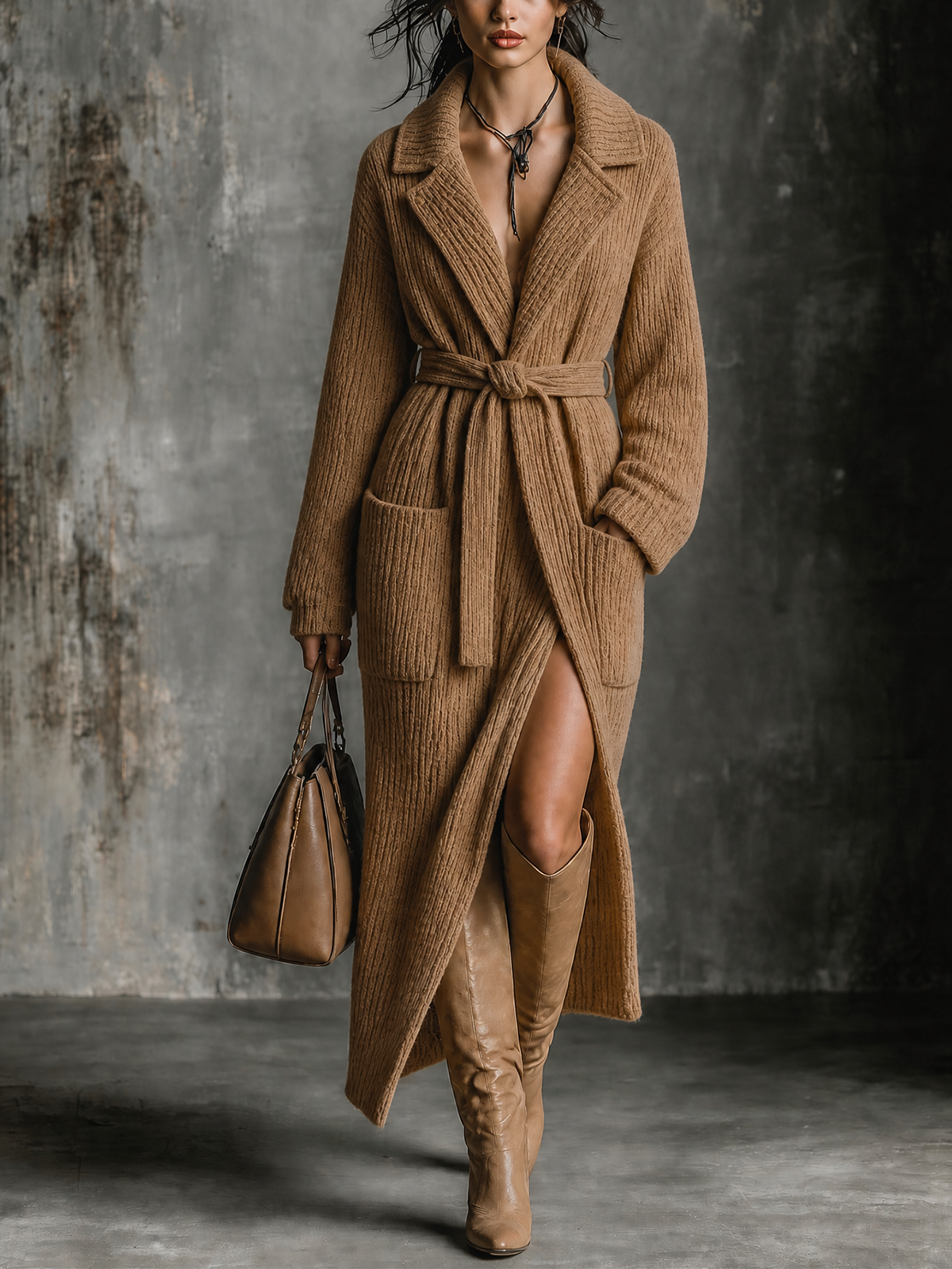 ElevenOra Chic Casual Camel Notched Lapel Collar Long-Sleeve Patch Pockets Belted Loose-Fit Ribbed Knit Maxi Cardigan