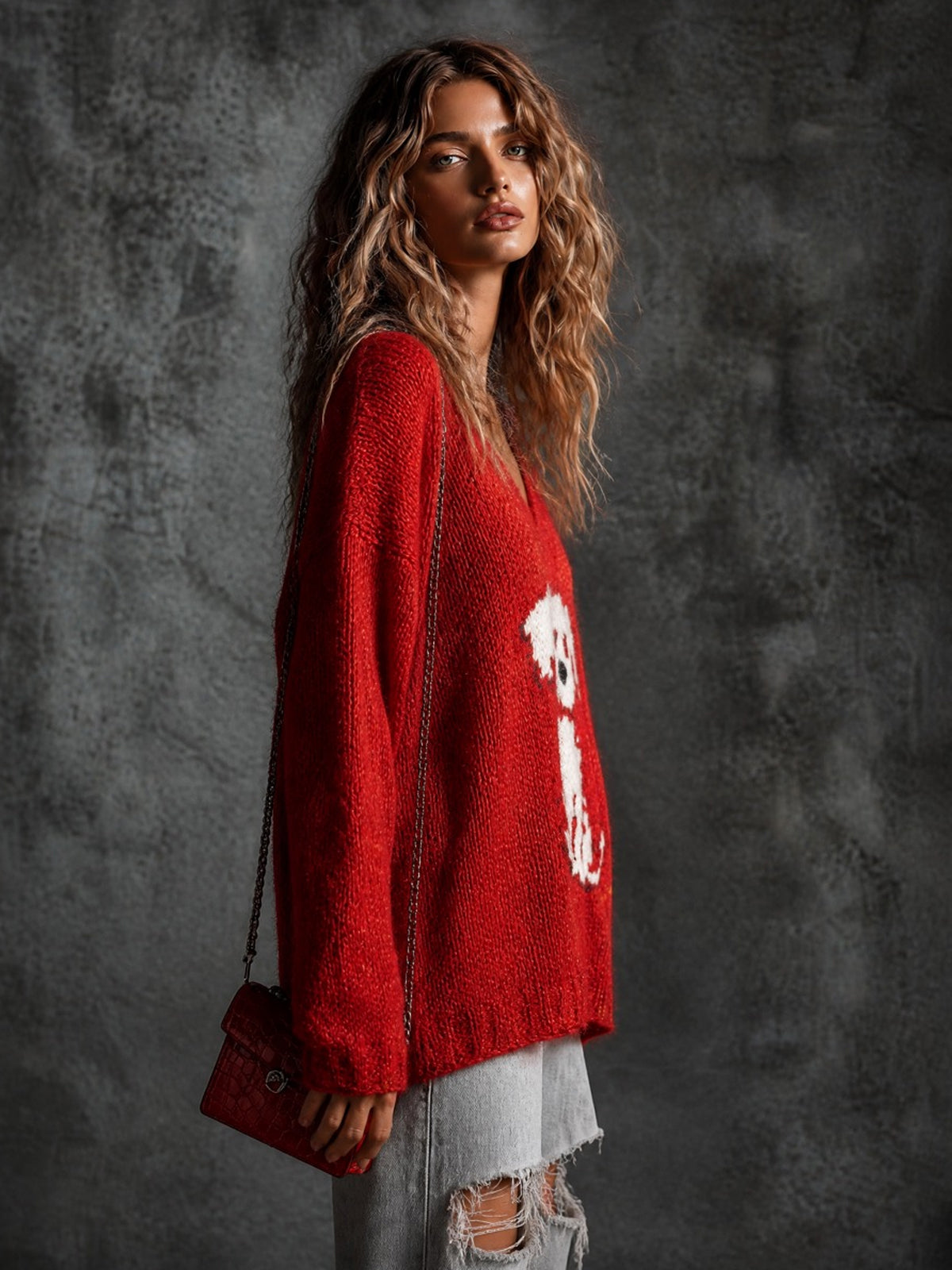 ElevenOra Chic Casual Red V-Neck Dropped-Shoulder Long-Sleeve Dog Jacquard Loose-Fit Wool Blend Knit Sweater