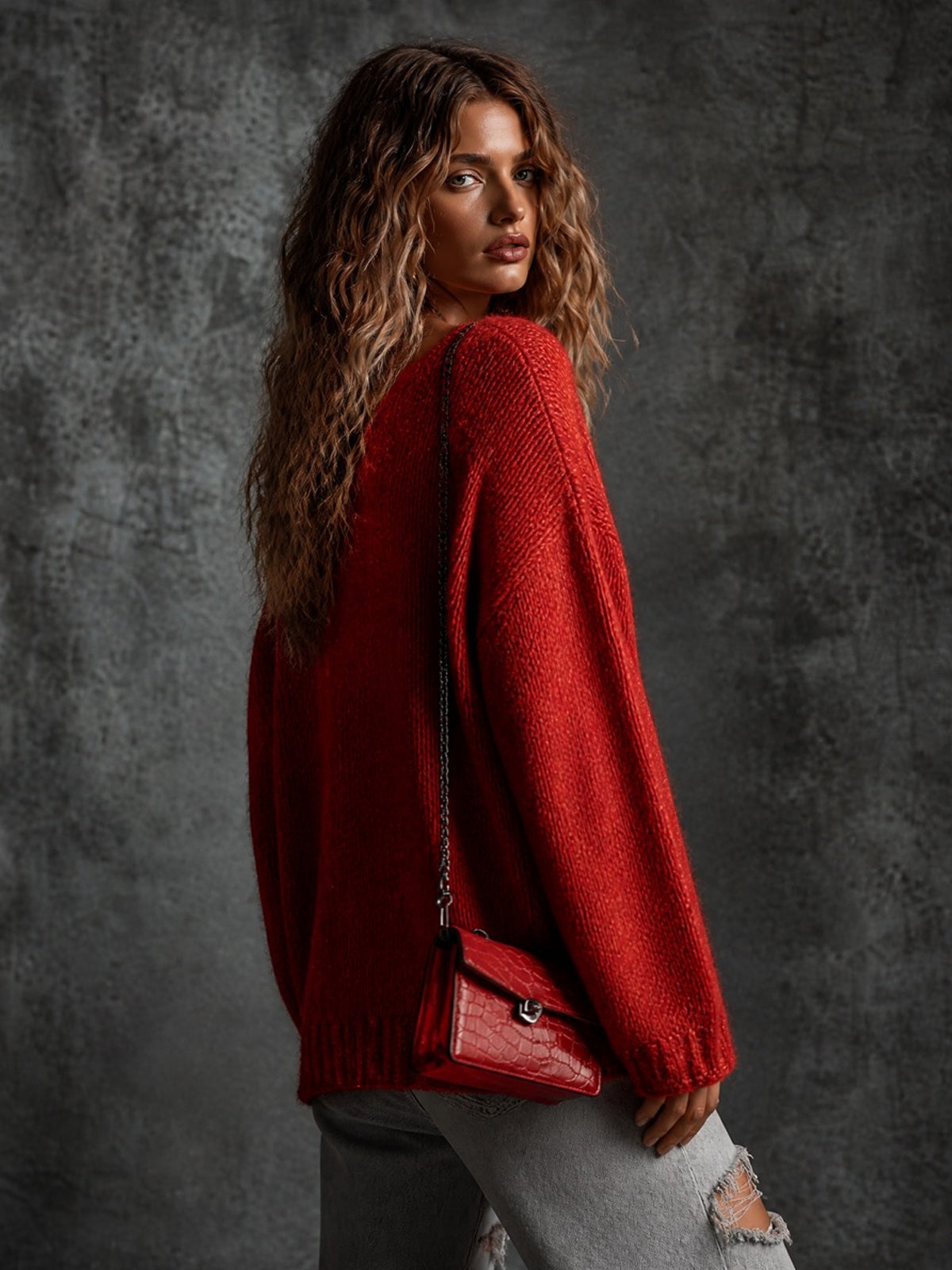 ElevenOra Chic Casual Red V-Neck Dropped-Shoulder Long-Sleeve Dog Jacquard Loose-Fit Wool Blend Knit Sweater