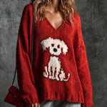 ElevenOra Chic Casual Red V-Neck Dropped-Shoulder Long-Sleeve Dog Jacquard Loose-Fit Wool Blend Knit Sweater
