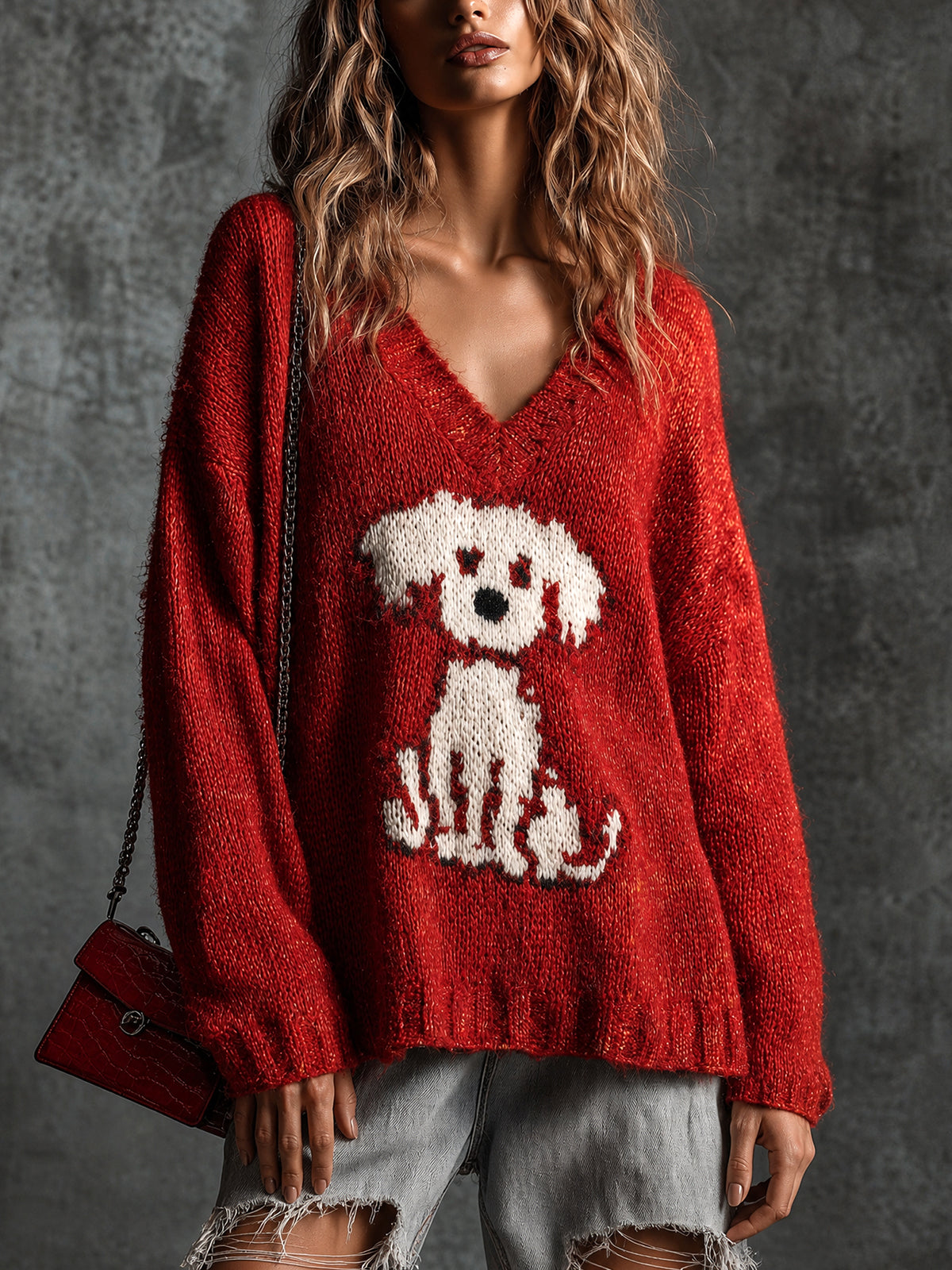 ElevenOra Chic Casual Red V-Neck Dropped-Shoulder Long-Sleeve Dog Jacquard Loose-Fit Wool Blend Knit Sweater