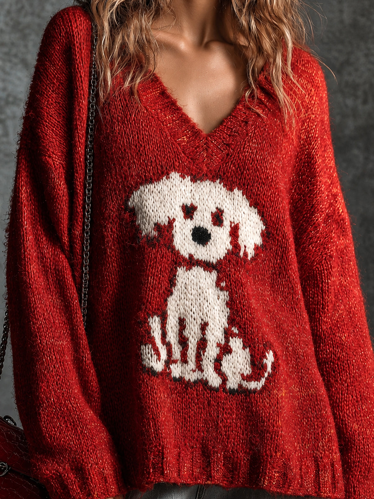ElevenOra Chic Casual Red V-Neck Dropped-Shoulder Long-Sleeve Dog Jacquard Loose-Fit Wool Blend Knit Sweater
