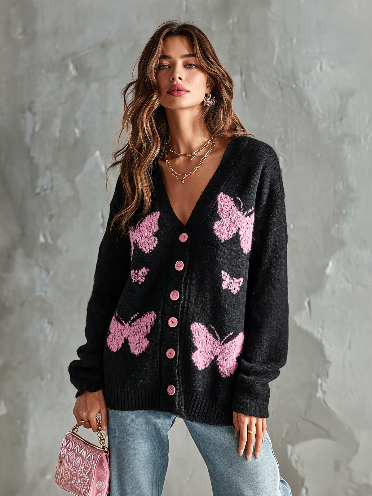 ElevenOra Chic Elegant Black-Pink Butterfly Jacquard V-Neck Long-Sleeve Single-Breasted Loose-Fit Wool Blend Knit Cardigan