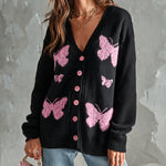 ElevenOra Chic Elegant Black-Pink Butterfly Jacquard V-Neck Long-Sleeve Single-Breasted Loose-Fit Wool Blend Knit Cardigan