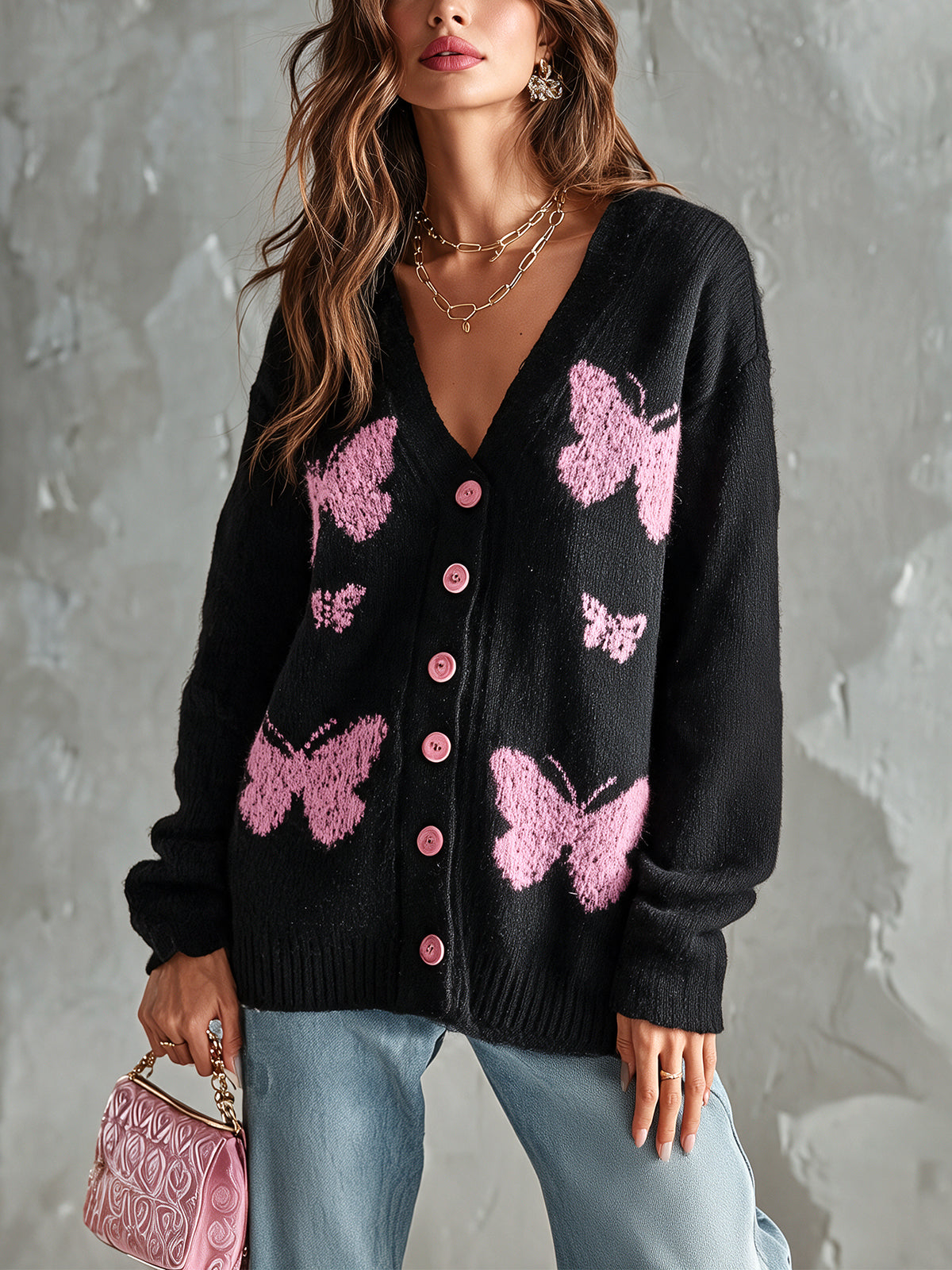 ElevenOra Chic Elegant Black-Pink Butterfly Jacquard V-Neck Long-Sleeve Single-Breasted Loose-Fit Wool Blend Knit Cardigan