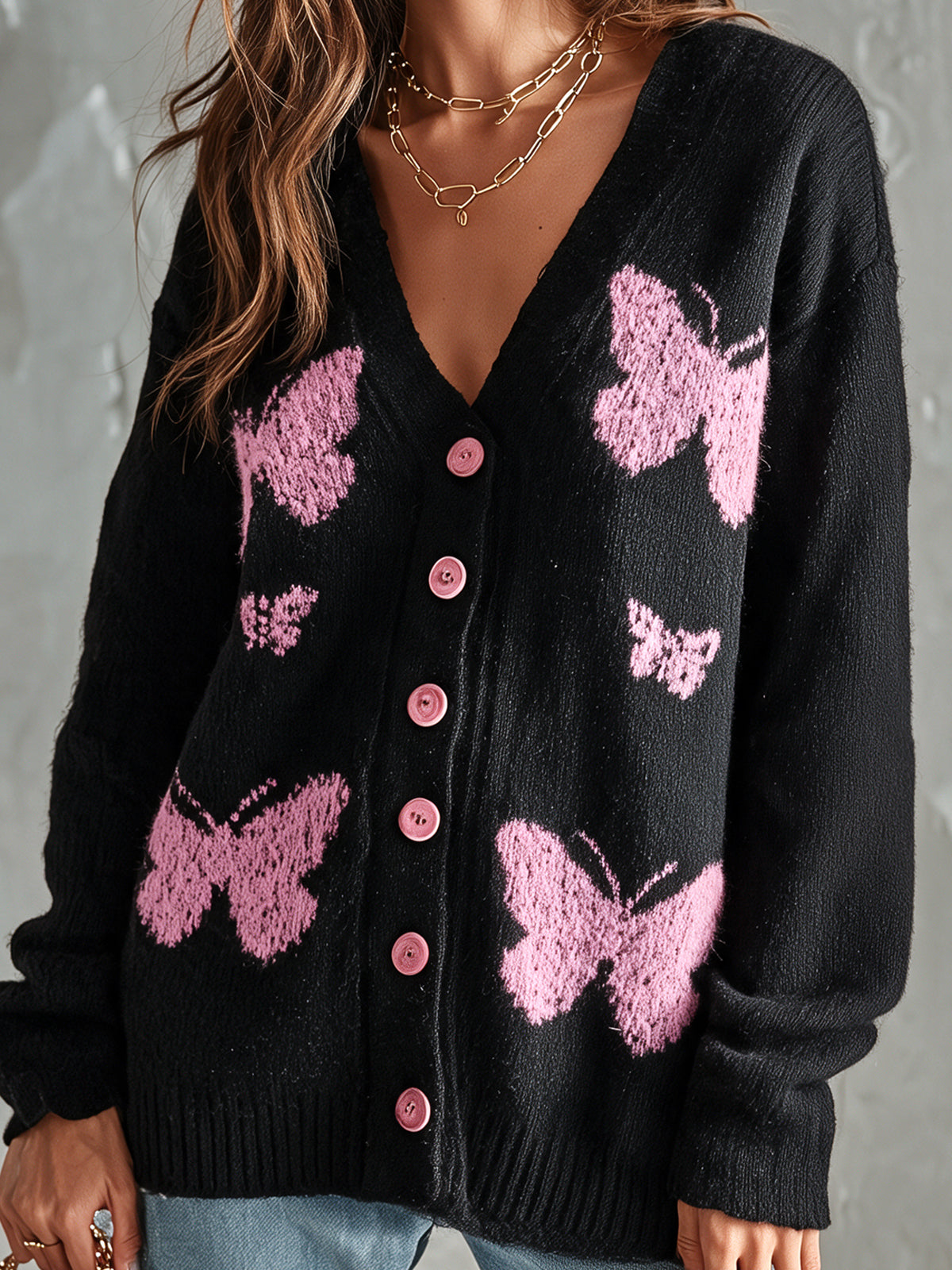 ElevenOra Chic Elegant Black-Pink Butterfly Jacquard V-Neck Long-Sleeve Single-Breasted Loose-Fit Wool Blend Knit Cardigan