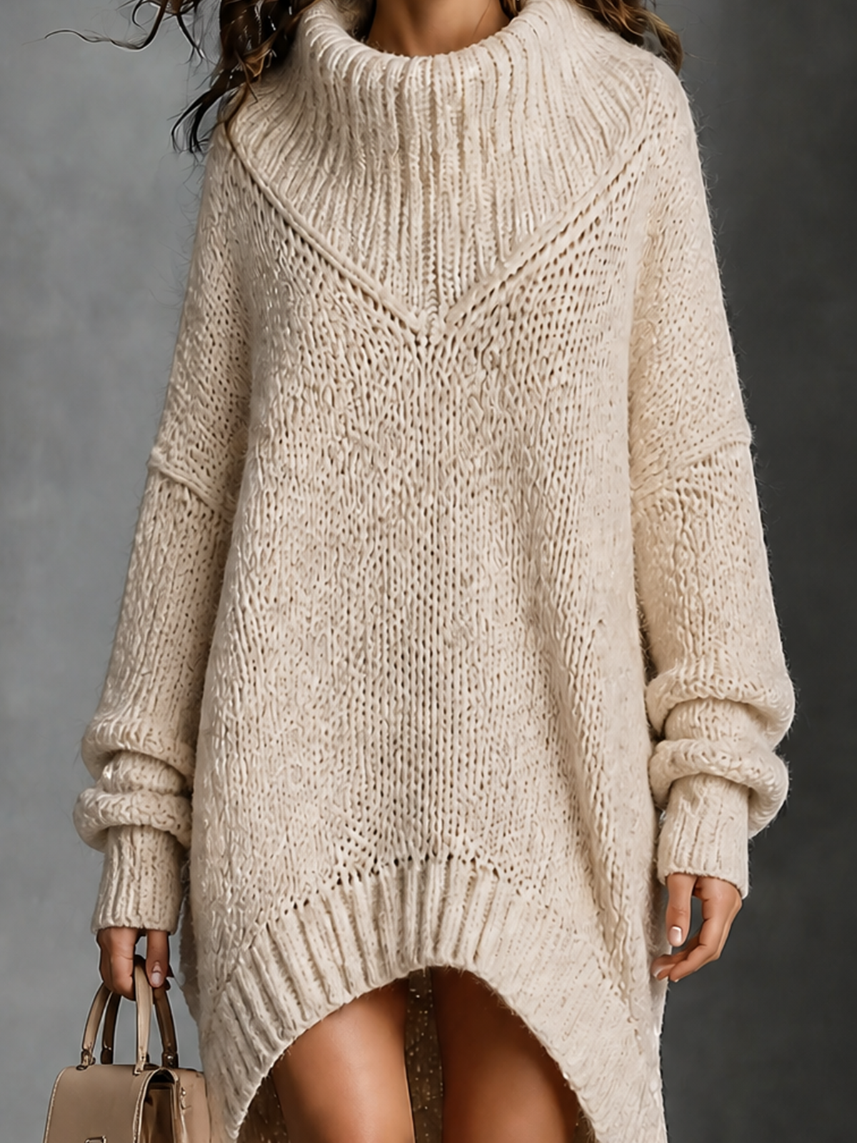 ElevenOra Chic Casual Off‑White Turtleneck Long-Sleeve Asymmetrical Hem Loose-Fit Chunky Knit Midi Dress