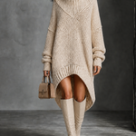 ElevenOra Chic Casual Off‑White Turtleneck Long-Sleeve Asymmetrical Hem Loose-Fit Chunky Knit Midi Dress