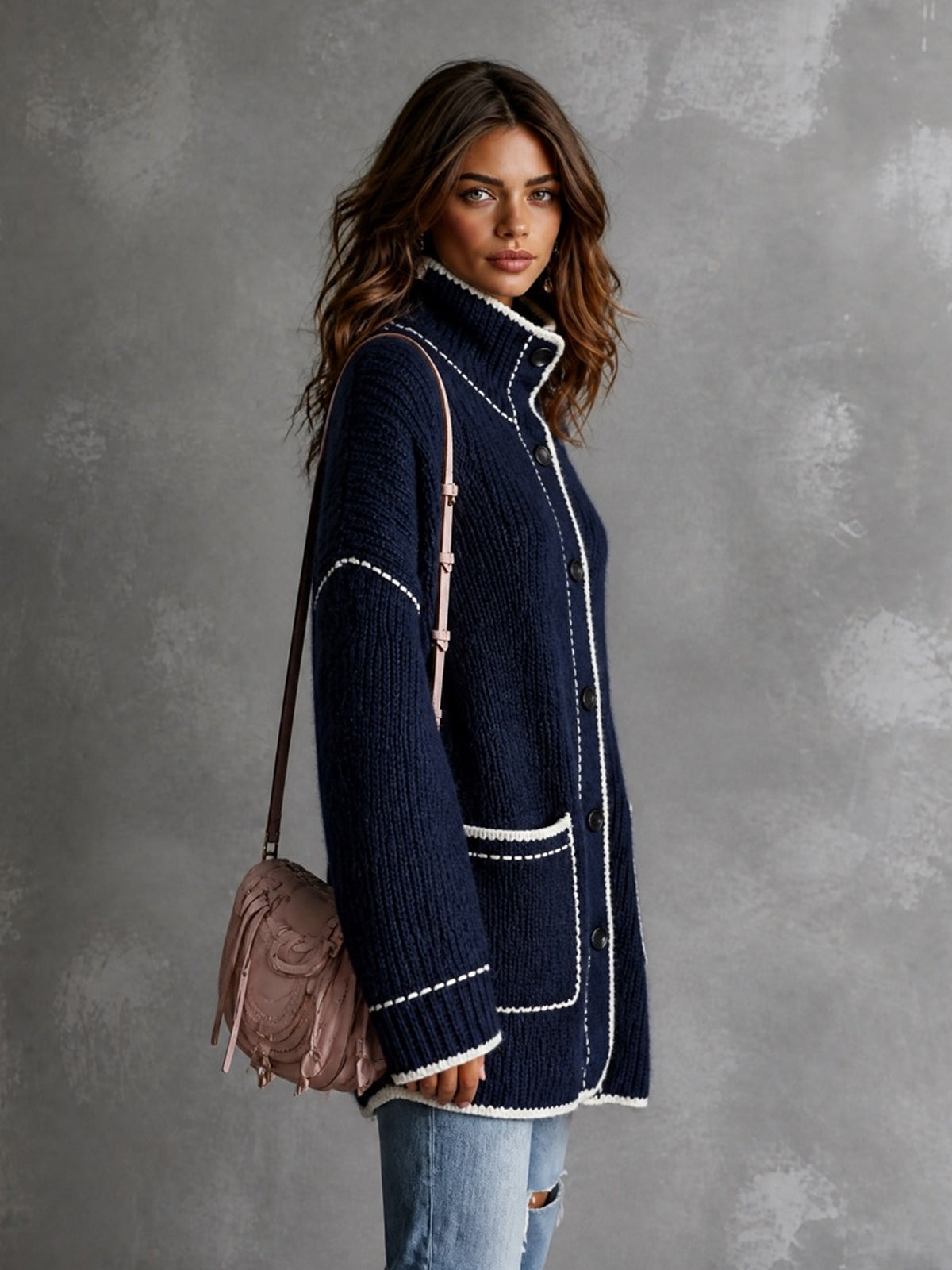ElevenOra Chic Elegant Navy Blue Stand-Collar Long-Sleeve Single-Breasted Contrast Trim Detail Patch Pockets Loose-Fit Wool Blend Knit Cardigan