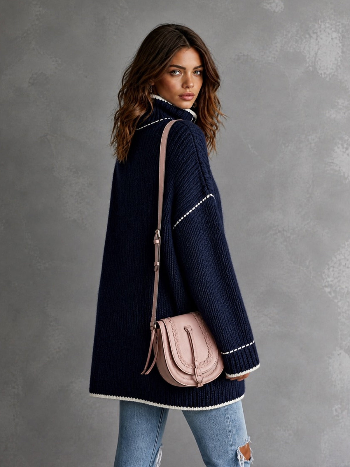 ElevenOra Chic Elegant Navy Blue Stand-Collar Long-Sleeve Single-Breasted Contrast Trim Detail Patch Pockets Loose-Fit Wool Blend Knit Cardigan