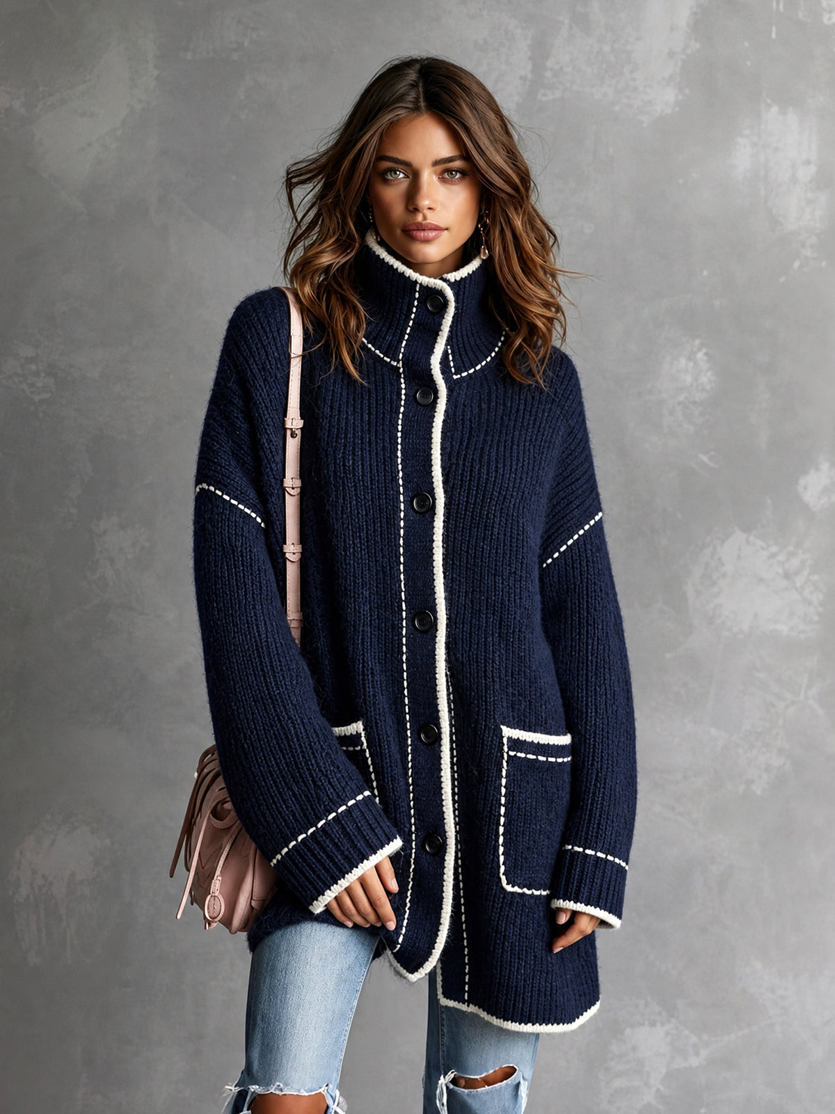 ElevenOra Chic Elegant Navy Blue Stand-Collar Long-Sleeve Single-Breasted Contrast Trim Detail Patch Pockets Loose-Fit Wool Blend Knit Cardigan