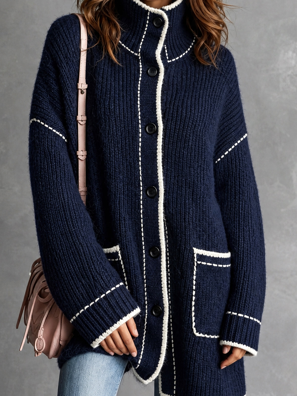 ElevenOra Chic Elegant Navy Blue Stand-Collar Long-Sleeve Single-Breasted Contrast Trim Detail Patch Pockets Loose-Fit Wool Blend Knit Cardigan