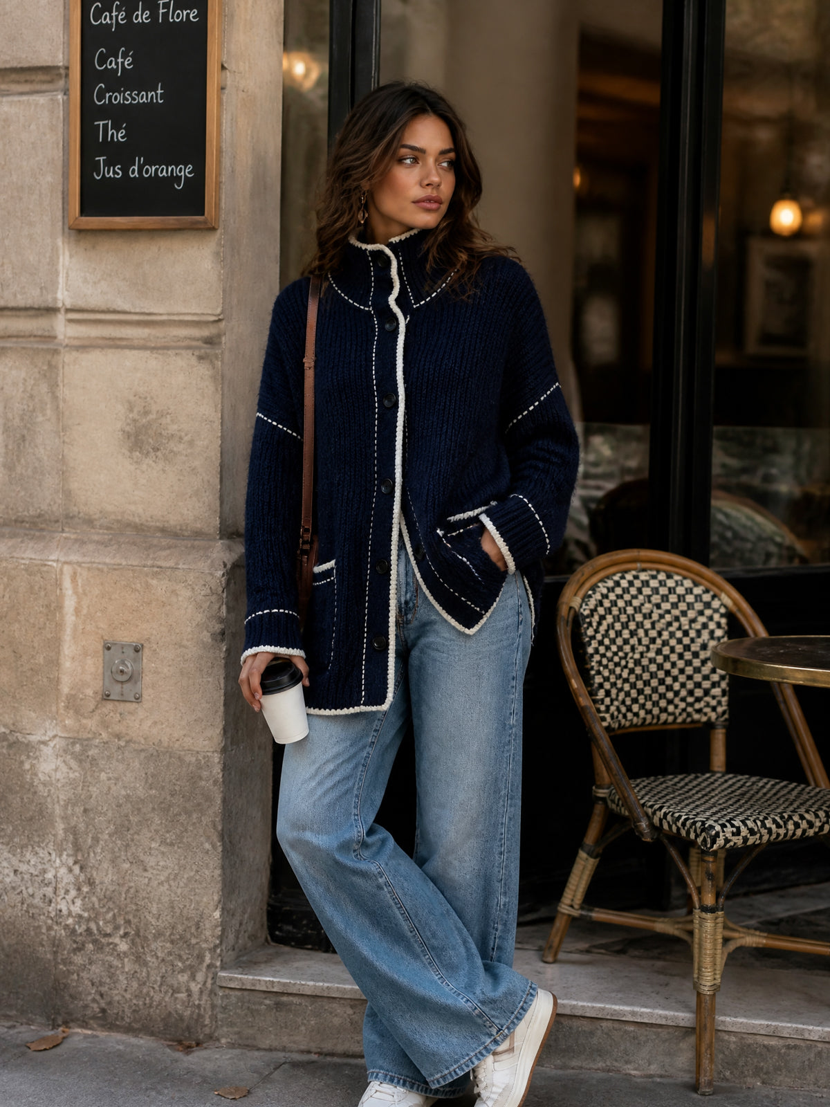 ElevenOra Chic Elegant Navy Blue Stand-Collar Long-Sleeve Single-Breasted Contrast Trim Detail Patch Pockets Loose-Fit Wool Blend Knit Cardigan
