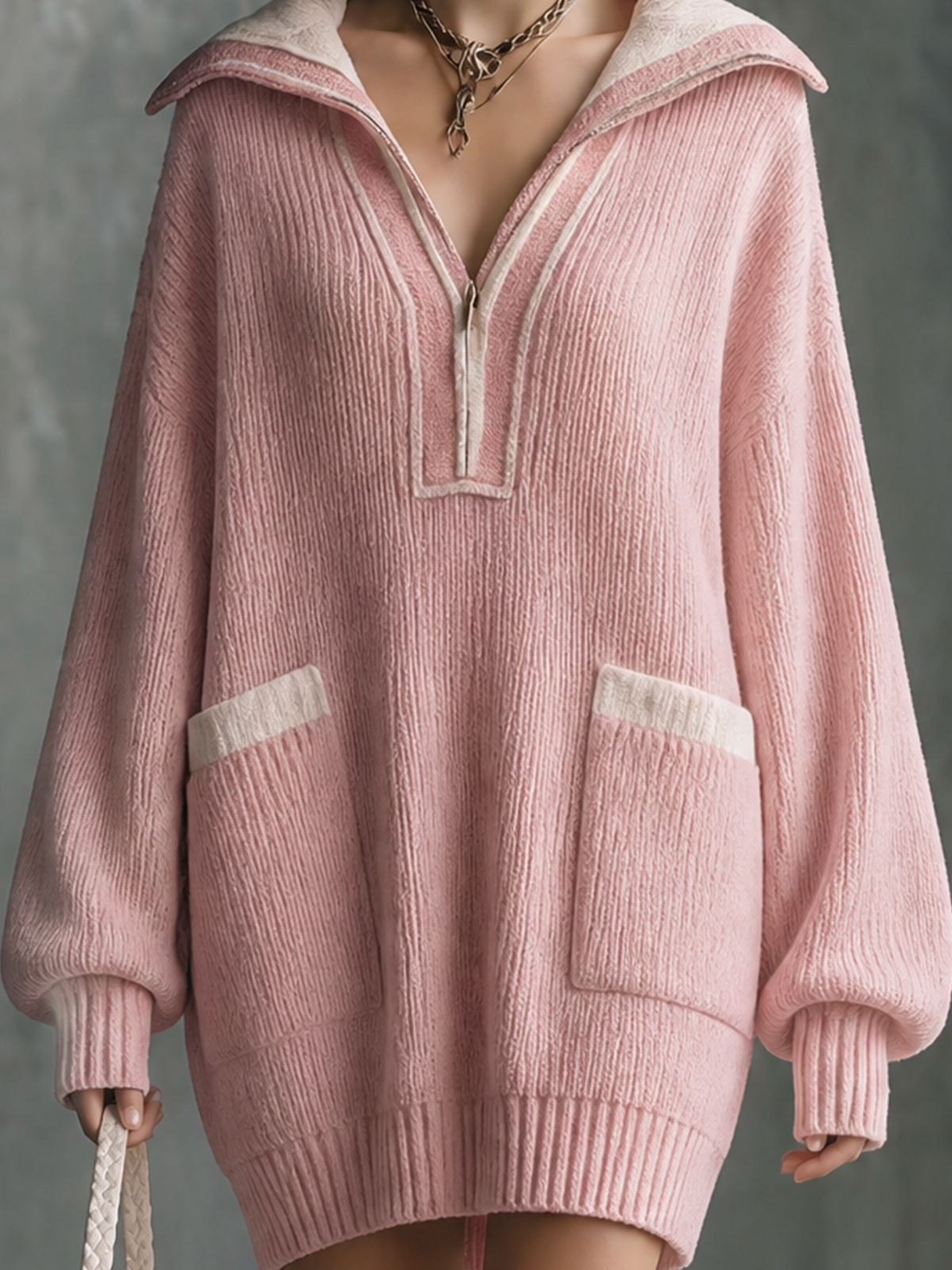 ElevenOra Chic Casual Pink Lapel Collar Half‑Zip Contrast Trim Long-Sleeve Patch Pockets Loose-Fit Ribbed Knit Mini Dress