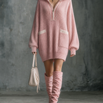 ElevenOra Chic Casual Pink Lapel Collar Half‑Zip Contrast Trim Long-Sleeve Patch Pockets Loose-Fit Ribbed Knit Mini Dress
