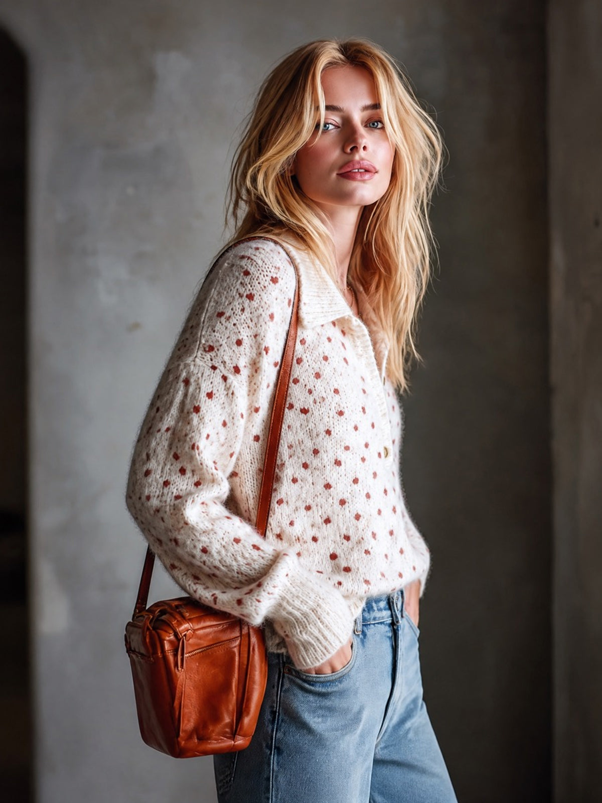 ElevenOra Chic Elegant Beige-Red Polka Dots Jacquard Lapel V-Neck Button-Front Long-Sleeve Loose-Fit Soft Mohair Blend Knit Sweater