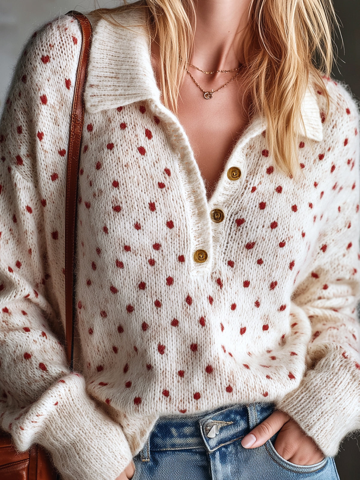 ElevenOra Chic Elegant Beige-Red Polka Dots Jacquard Lapel V-Neck Button-Front Long-Sleeve Loose-Fit Soft Mohair Blend Knit Sweater