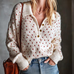 ElevenOra Chic Elegant Beige-Red Polka Dots Jacquard Lapel V-Neck Button-Front Long-Sleeve Loose-Fit Soft Mohair Blend Knit Sweater