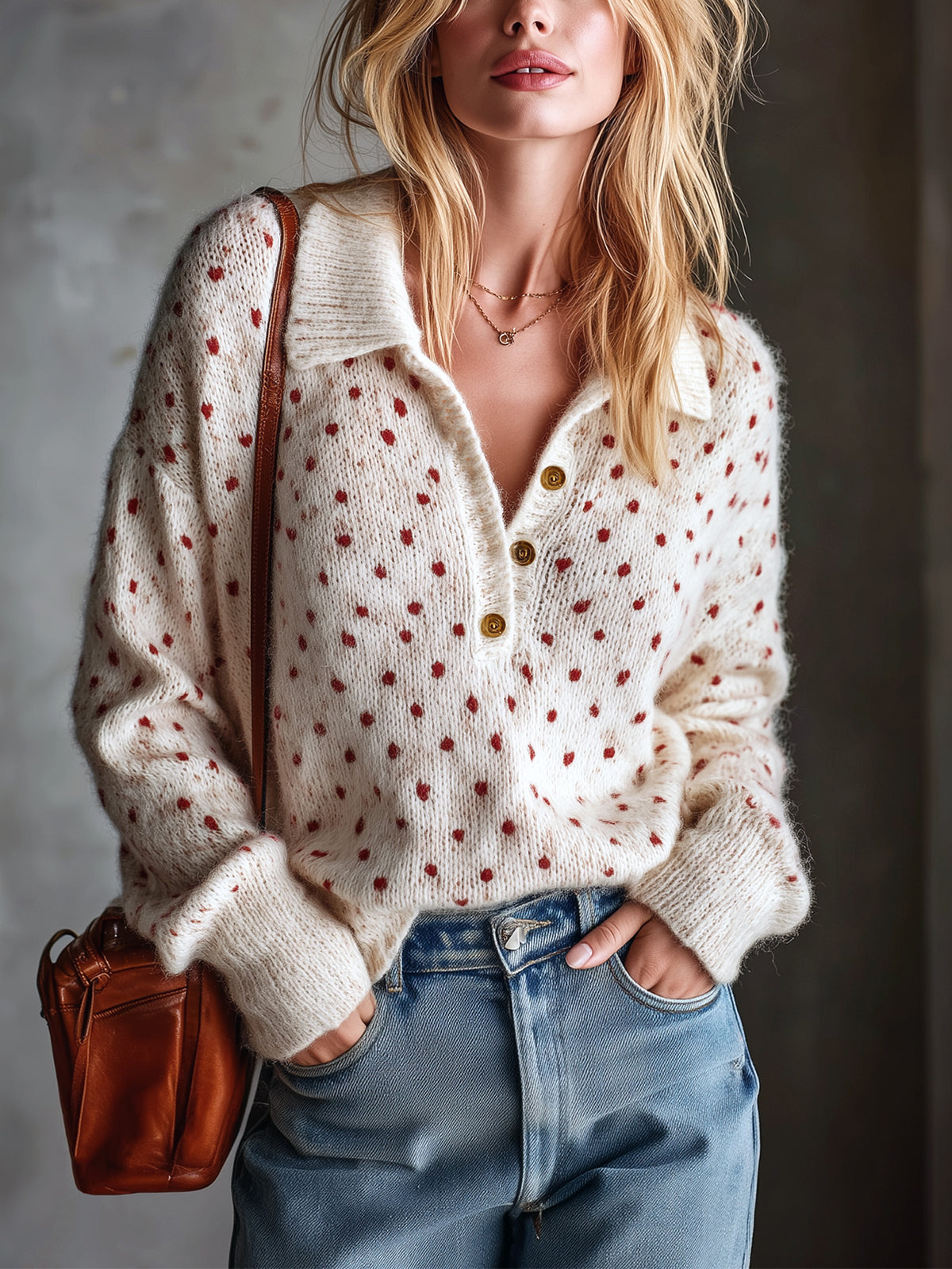 ElevenOra Chic Elegant Beige-Red Polka Dots Jacquard Lapel V-Neck Button-Front Long-Sleeve Loose-Fit Soft Mohair Blend Knit Sweater
