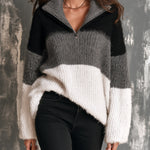 ElevenOra Chic Elegant Gray-Black-White Colorblock Zipper-Up Stand Collar Long-Sleeve Loose-Fit Warm Wool Blend Knit Sweater