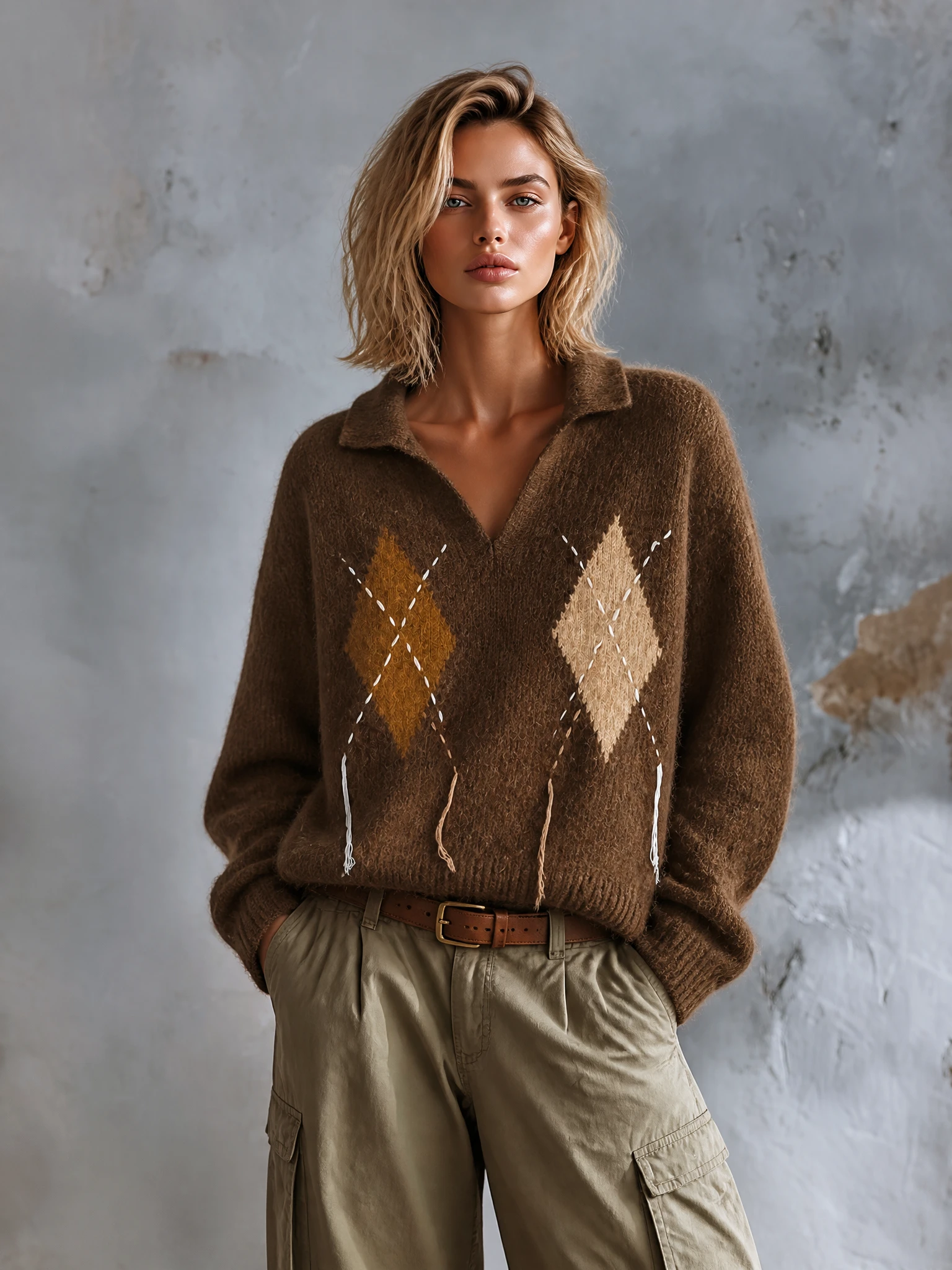 ElevenOra Chic Elegant Brown Argyle Jacquard Lapel V-Neck Stitched Tassel Detail Long-Sleeve Loose-Fit Fuzzy Wool‑Blend Knit Sweater