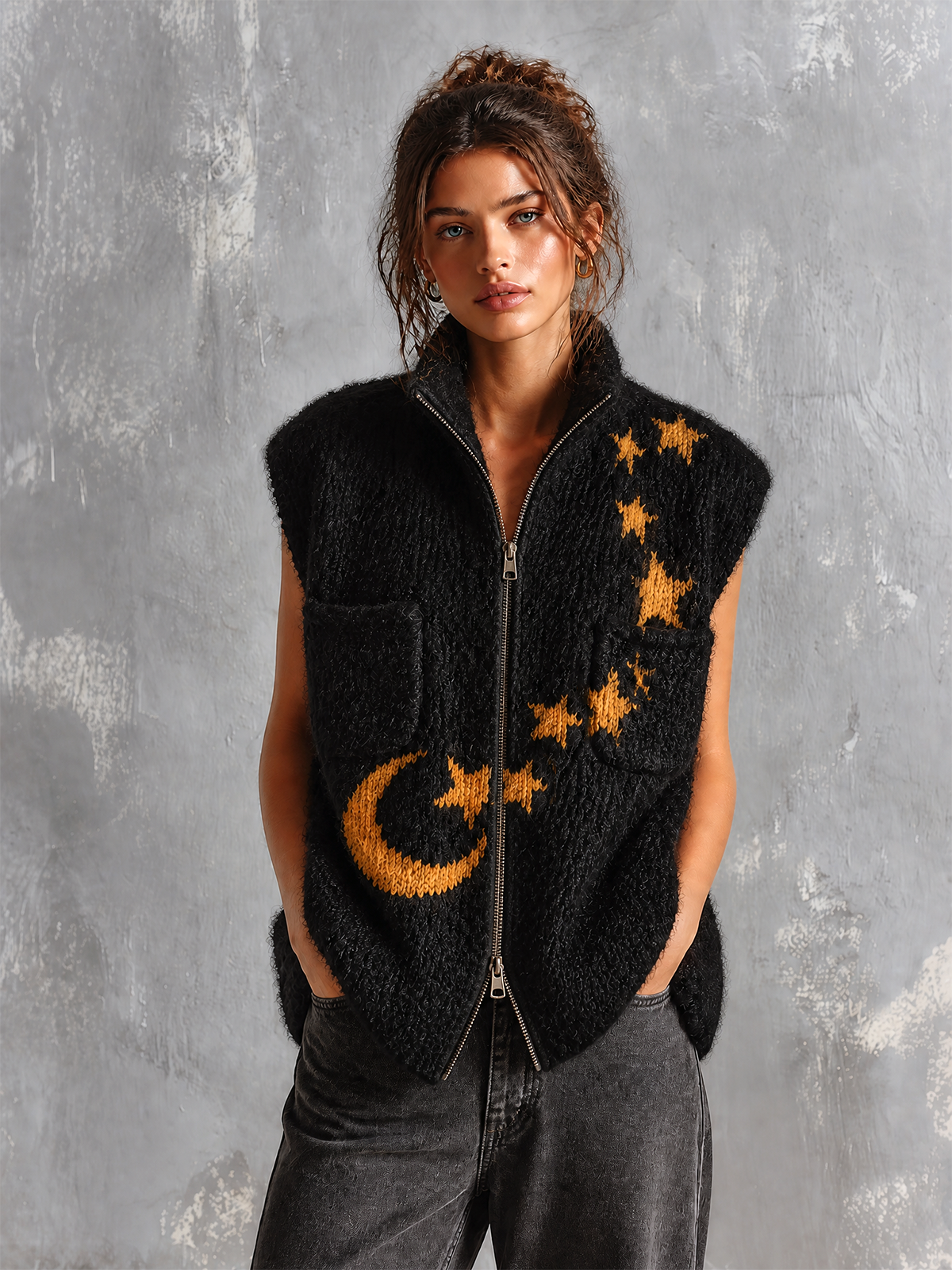 ElevenOra Chic Casual Black Stand Collar Zip‑Up Mustard‑Gold Moon-Star Jacquard Sleeveless Patch Pockets Loose-Fit Knit Vest Top