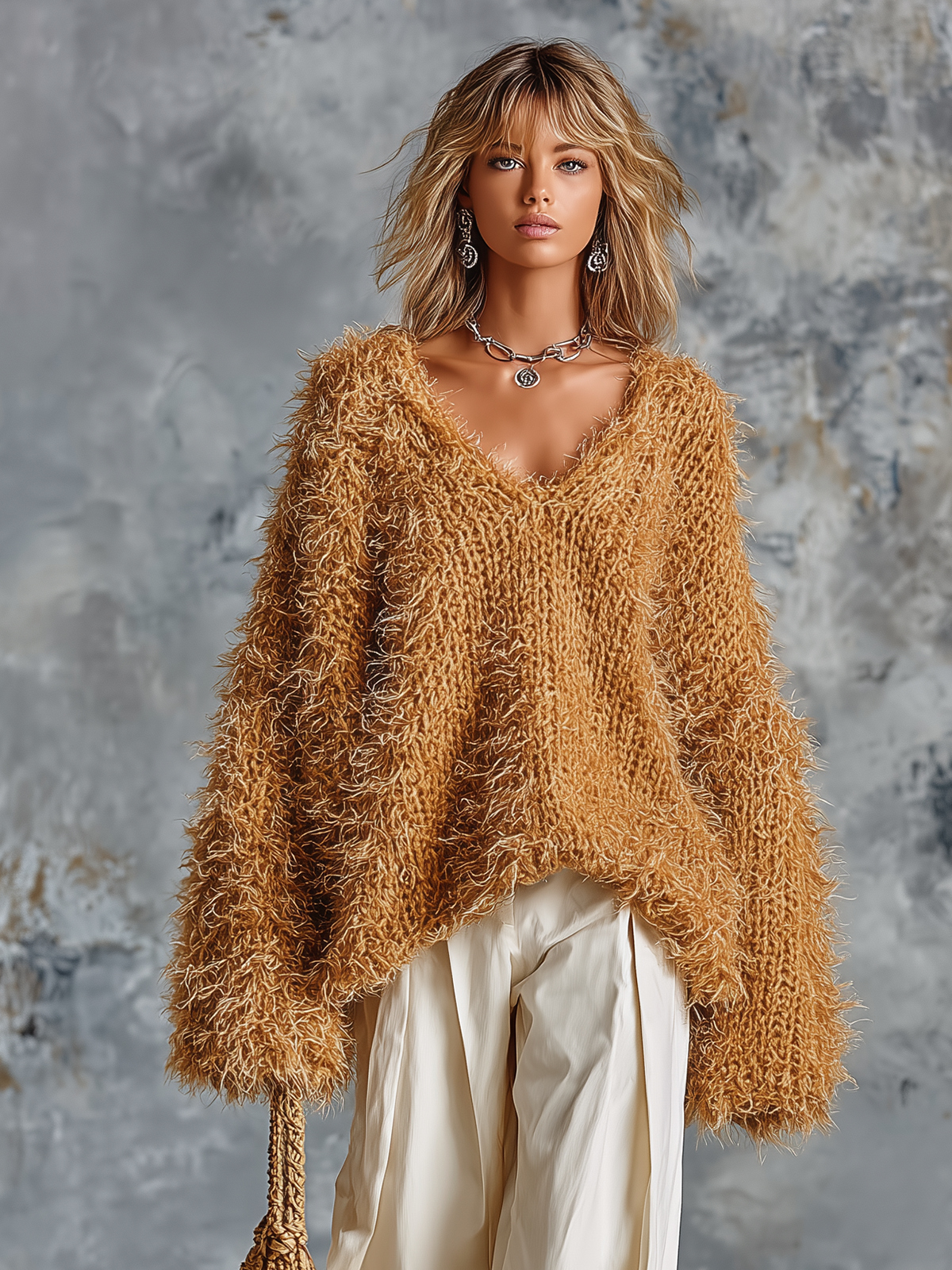 ElevenOra Chic Casual Camel V‑Neck Dropped-Shoulder Long-Sleeve Loose-Fit Shaggy Fuzzy Knit Sweater