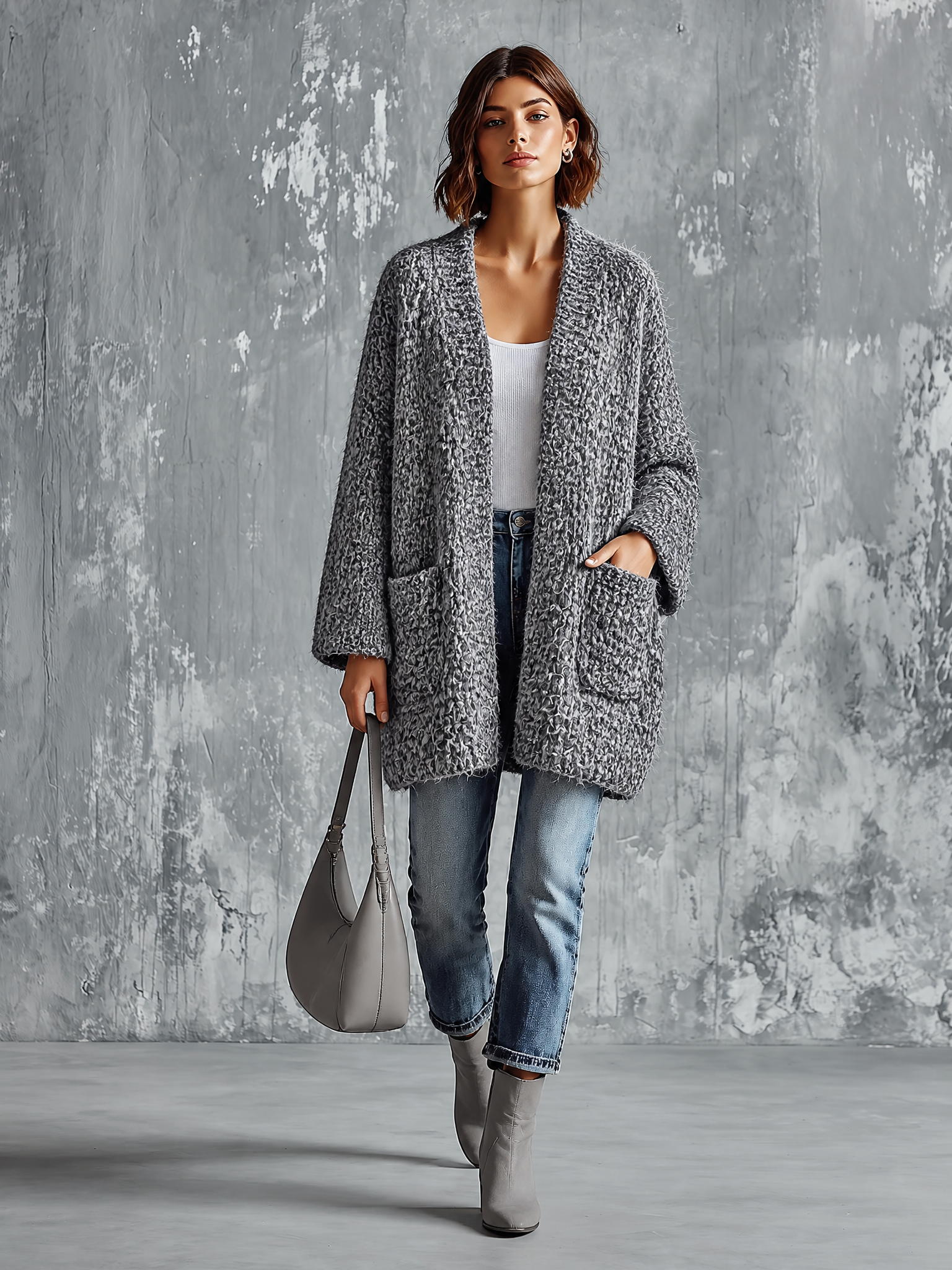 ElevenOra Chic Casual Heather Gray V‑Neck Open‑Front Long Sleeve Patch Pockets Loose-Fit Chunky Knit Cardigan