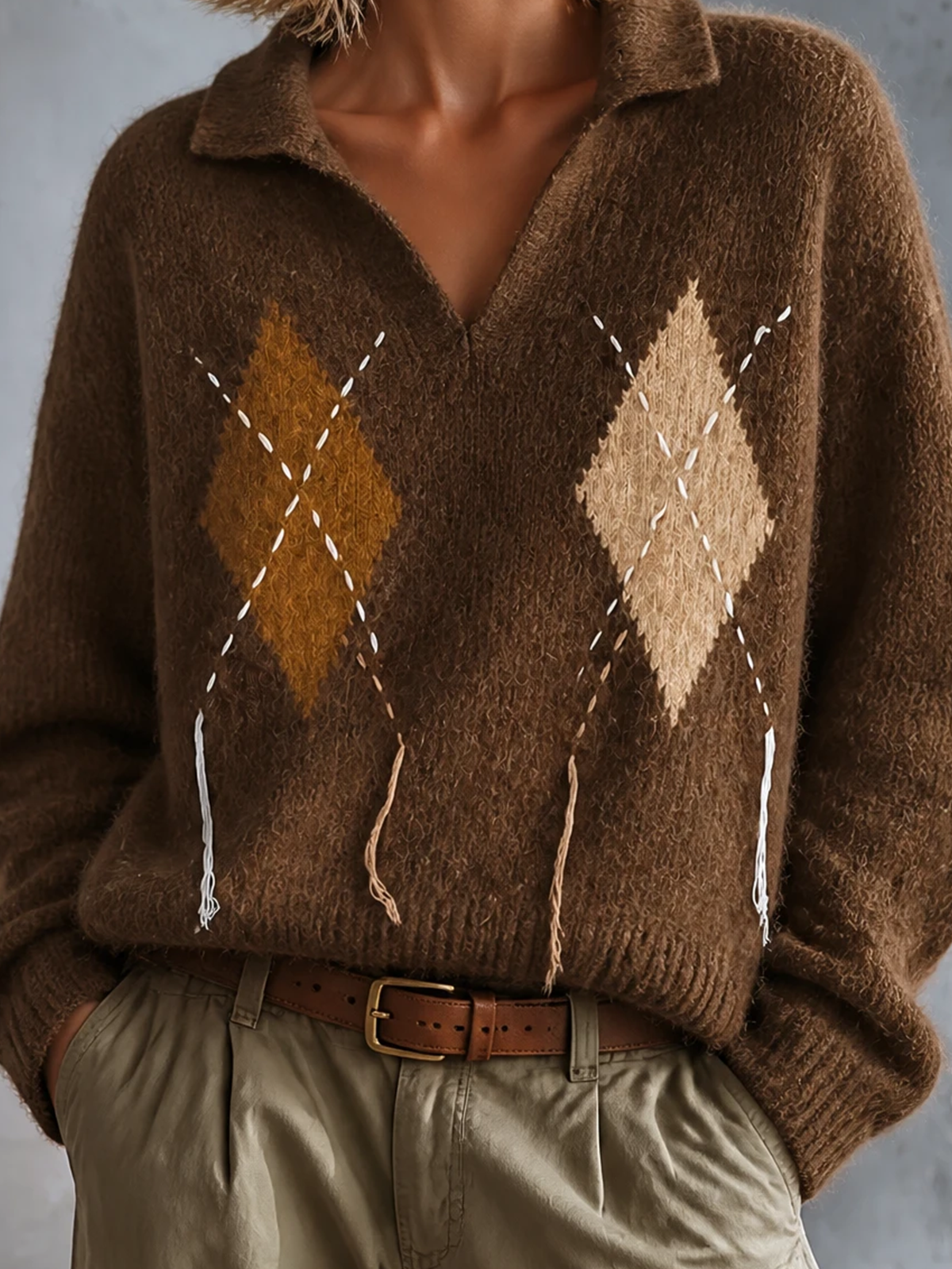 ElevenOra Chic Elegant Brown Argyle Jacquard Lapel V-Neck Stitched Tassel Detail Long-Sleeve Loose-Fit Fuzzy Wool‑Blend Knit Sweater