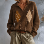 ElevenOra Chic Elegant Brown Argyle Jacquard Lapel V-Neck Stitched Tassel Detail Long-Sleeve Loose-Fit Fuzzy Wool‑Blend Knit Sweater