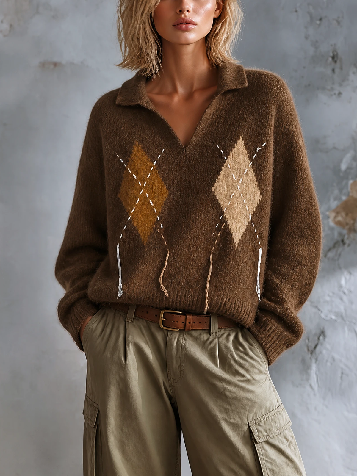 ElevenOra Chic Elegant Brown Argyle Jacquard Lapel V-Neck Stitched Tassel Detail Long-Sleeve Loose-Fit Fuzzy Wool‑Blend Knit Sweater