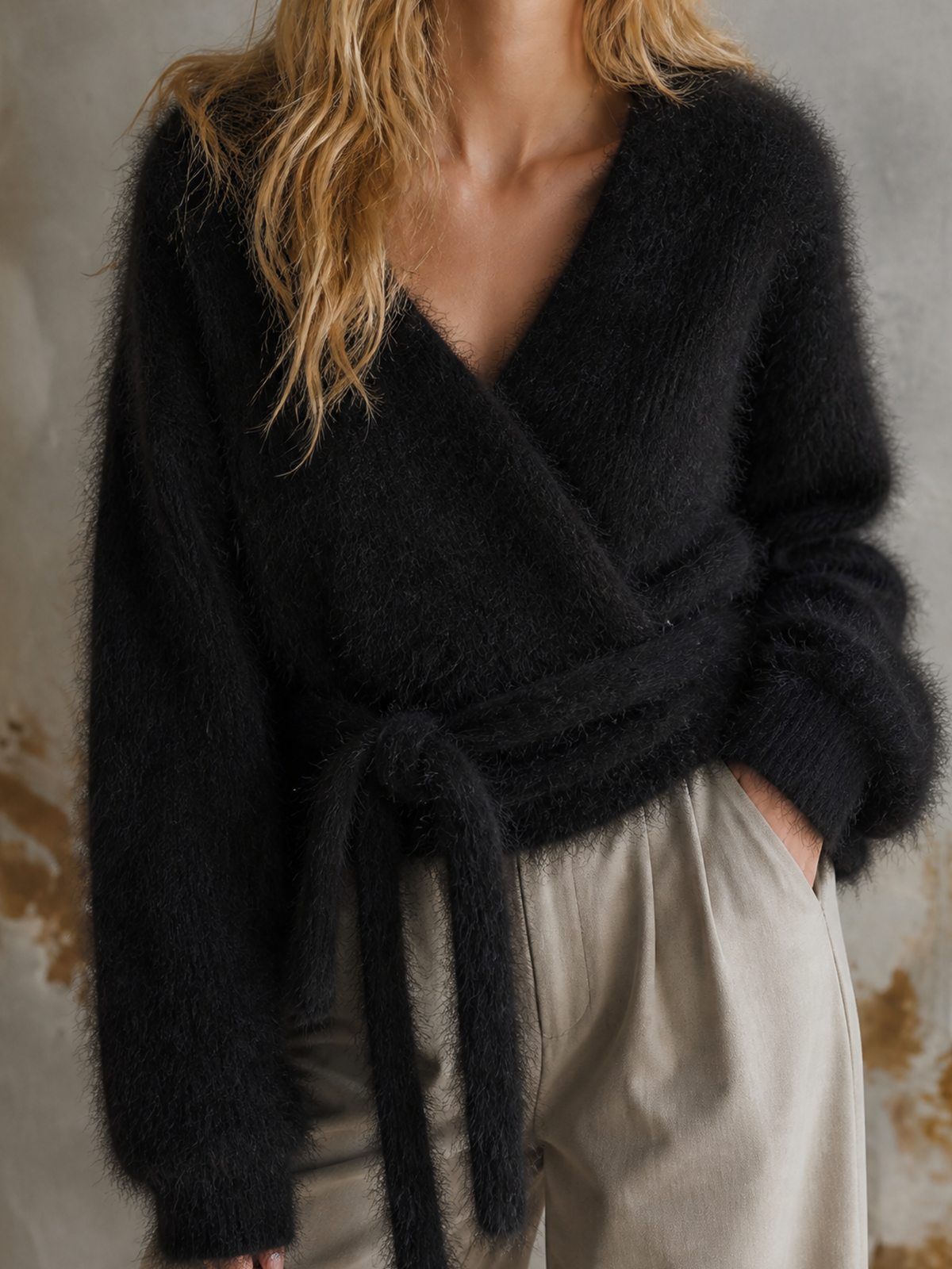 ElevenOra Chic Elegant Black Wrap V‑Neck Long-Sleeve Tie‑Waist Loose-Fit Fuzzy Mohair Blend Knit Sweater
