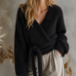 ElevenOra Chic Elegant Black Wrap V‑Neck Long-Sleeve Tie‑Waist Loose-Fit Fuzzy Mohair Blend Knit Sweater