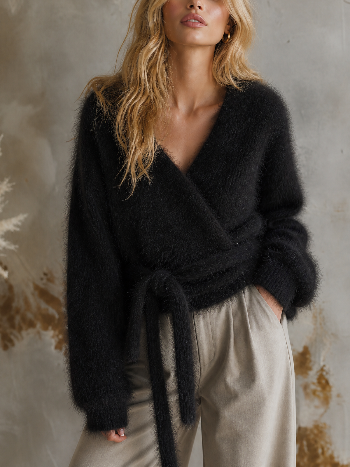 ElevenOra Chic Elegant Black Wrap V‑Neck Long-Sleeve Tie‑Waist Loose-Fit Fuzzy Mohair Blend Knit Sweater