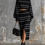 ElevenOra Chic Elegant Black-Silver‑Gray Stripes Turtleneck Long Sleeve Loose-Fit Cropped Sweater Front‑Slit Midi Skirt Knit Two-Piece Set