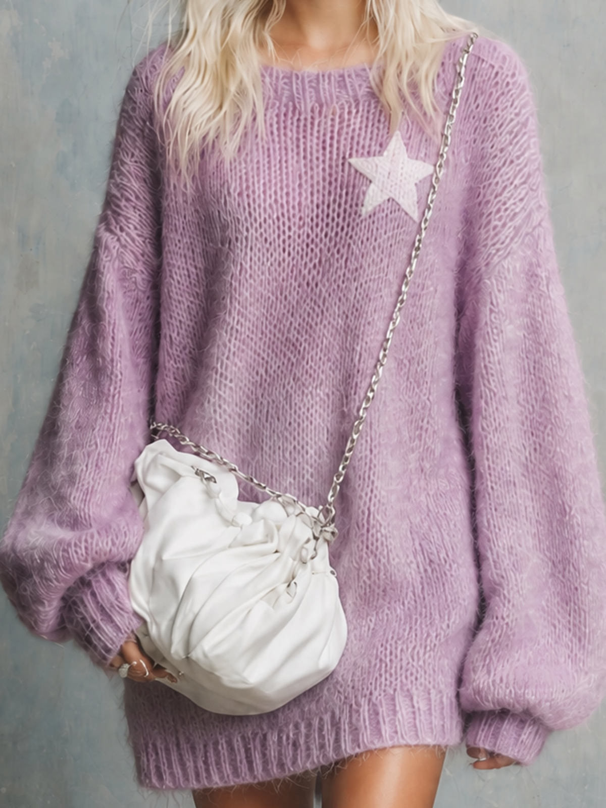 ElevenOra Chic Casual Lavender Purple Round-Neck Star Applique Dropped-Shoulder Long-Sleeve Loose-Fit Fuzzy Knit Mini Dress