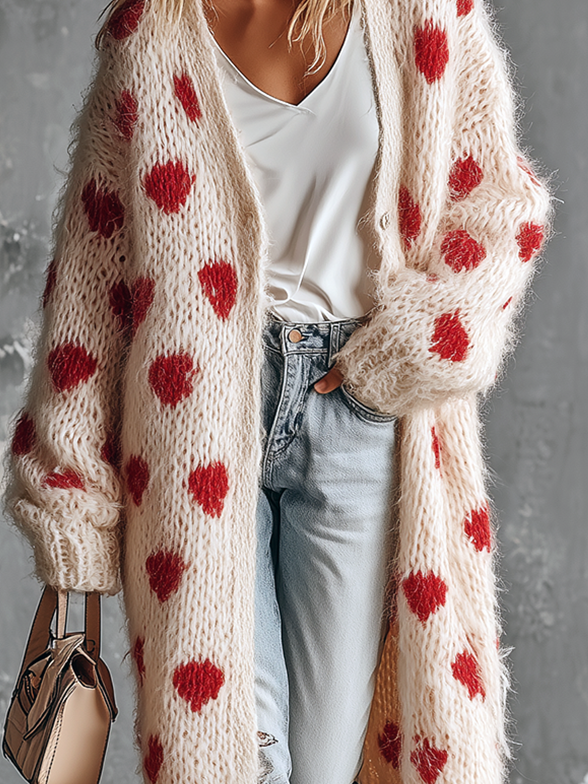 ElevenOra Chic Casual Off‑White V‑Neck Red Heart Jacquard Single-Breasted Long Sleeve Loose-Fit Fuzzy Wool‑Blend Knit Long Cardigan