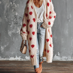 ElevenOra Chic Casual Off‑White V‑Neck Red Heart Jacquard Single-Breasted Long Sleeve Loose-Fit Fuzzy Wool‑Blend Knit Long Cardigan
