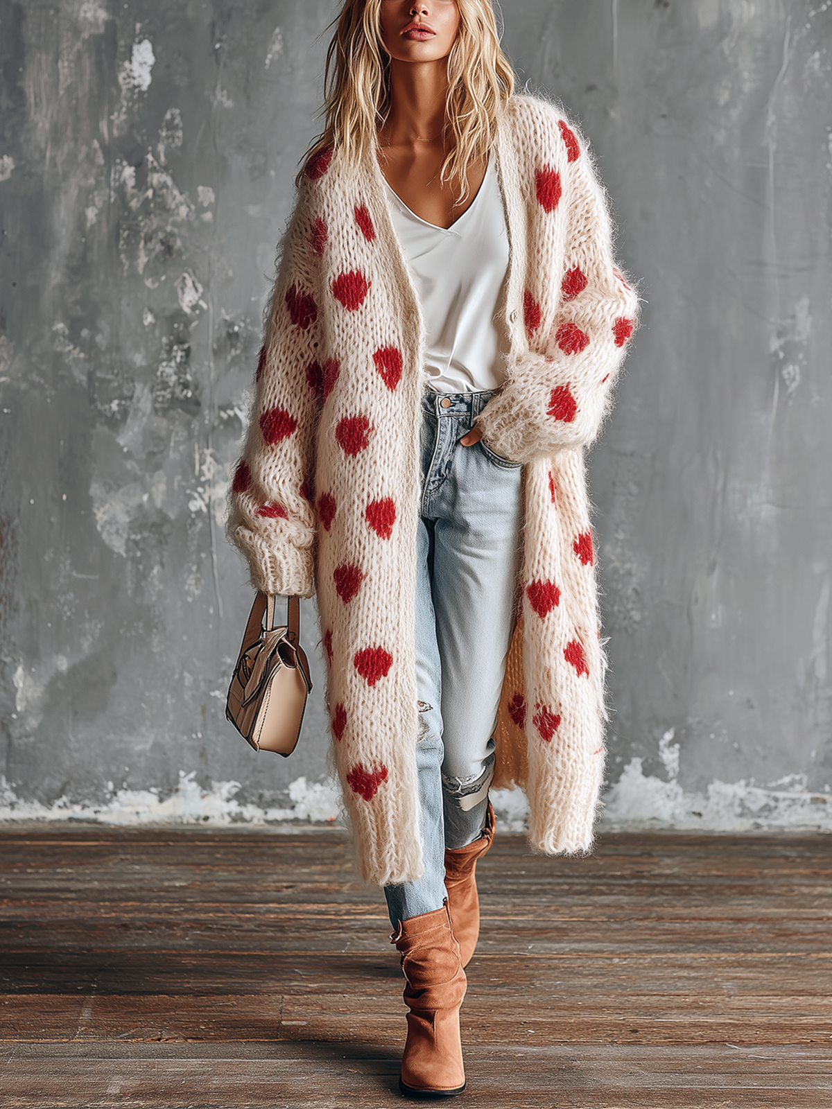 ElevenOra Chic Casual Off‑White V‑Neck Red Heart Jacquard Single-Breasted Long Sleeve Loose-Fit Fuzzy Wool‑Blend Knit Long Cardigan