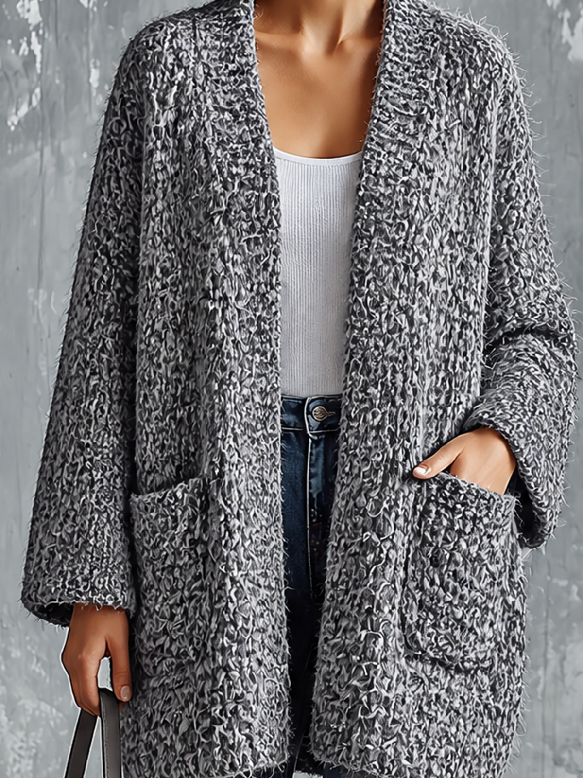 ElevenOra Chic Casual Heather Gray V‑Neck Open‑Front Long Sleeve Patch Pockets Loose-Fit Chunky Knit Cardigan