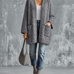 ElevenOra Chic Casual Heather Gray V‑Neck Open‑Front Long Sleeve Patch Pockets Loose-Fit Chunky Knit Cardigan