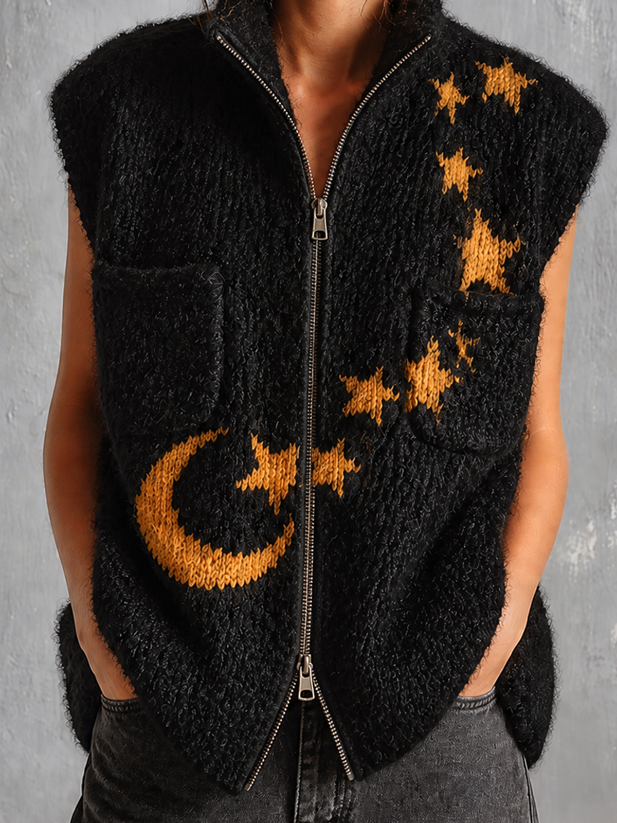 ElevenOra Chic Casual Black Stand Collar Zip‑Up Mustard‑Gold Moon-Star Jacquard Sleeveless Patch Pockets Loose-Fit Knit Vest Top