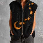 ElevenOra Chic Casual Black Stand Collar Zip‑Up Mustard‑Gold Moon-Star Jacquard Sleeveless Patch Pockets Loose-Fit Knit Vest Top