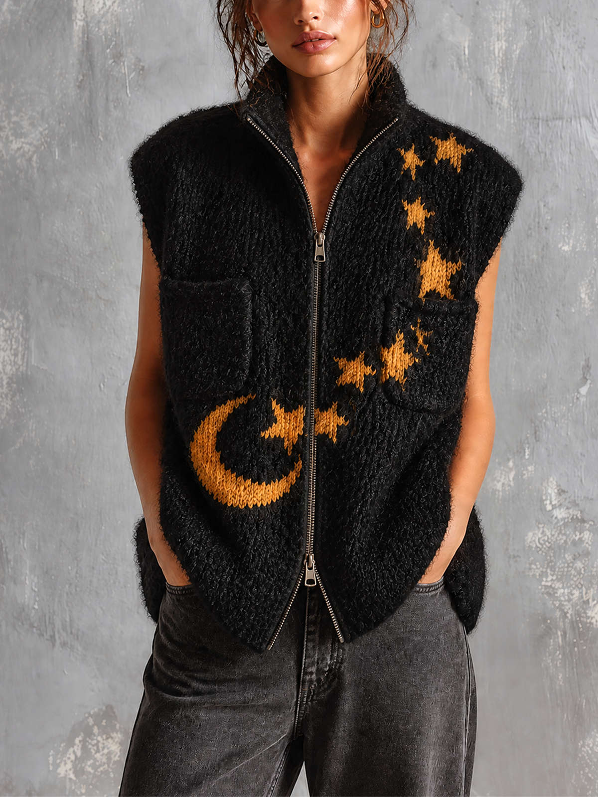 ElevenOra Chic Casual Black Stand Collar Zip‑Up Mustard‑Gold Moon-Star Jacquard Sleeveless Patch Pockets Loose-Fit Knit Vest Top