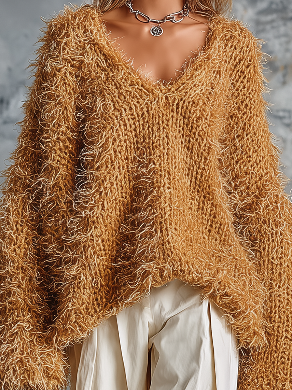 ElevenOra Chic Casual Camel V‑Neck Dropped-Shoulder Long-Sleeve Loose-Fit Shaggy Fuzzy Knit Sweater